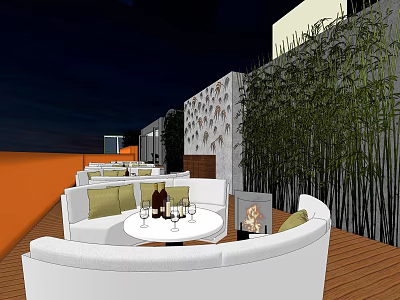 Roof Garden Outdoor Seating Area With White Sofas Round Table Wine Glasses And Bamboo Plants 3d model