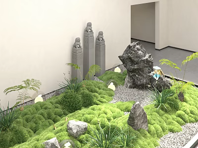 Natural Indoor Landscape With Green Moss Stones Plants Stone Pillars And White Walls 3d model