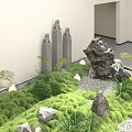 Natural Indoor Landscape With Green Moss Stones Plants Stone Pillars And White Walls