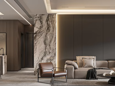 Modern Living Dining Room Interior With Sofa Coffee Table Dining Chairs And Marble Wall 3d model