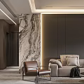 Modern Living Dining Room Interior With Sofa Coffee Table Dining Chairs And Marble Wall