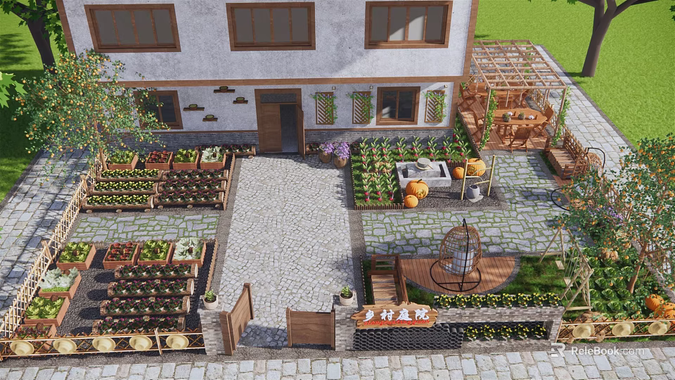 Rural Landscape With Courtyard Stone Path Vegetable Gardens Pergola And Leisure Seating 3d model 