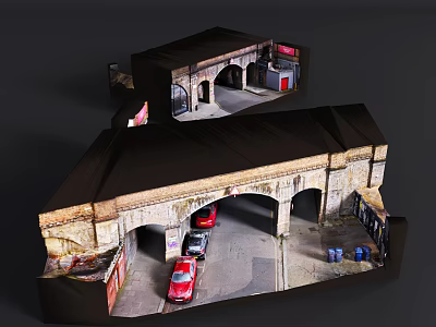 Urban Road Infrastructure 3D Model With Arched Stone Structure And Vehicle Parking Area 3d model