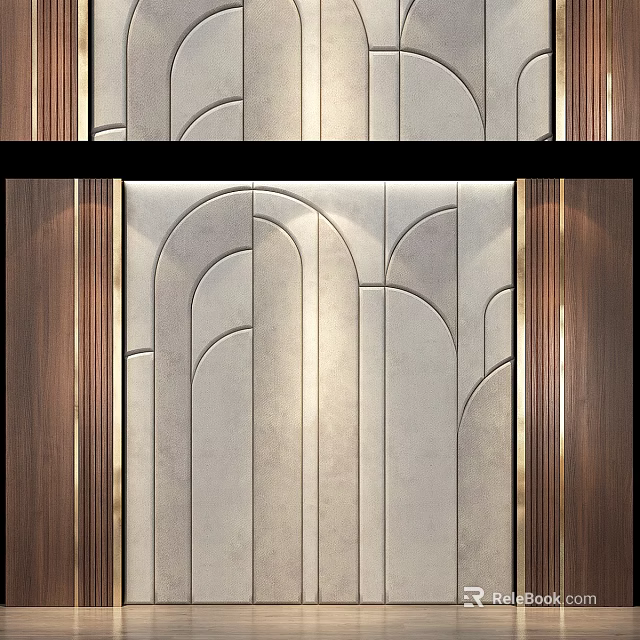 Modern Accent Wall With Arched Patterns And Brown Wood Panels 3d model