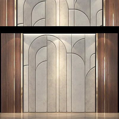Modern Accent Wall With Arched Patterns And Brown Wood Panels 3d model