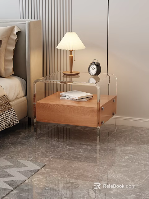 Transparent Frame Bedside Table with Wooden Drawer Alarm Clock Books and Table Lamp in Bedroom 3d model 