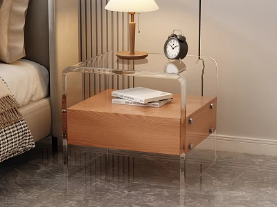 Transparent Frame Bedside Table with Wooden Drawer Alarm Clock Books and Table Lamp in Bedroom 3d model