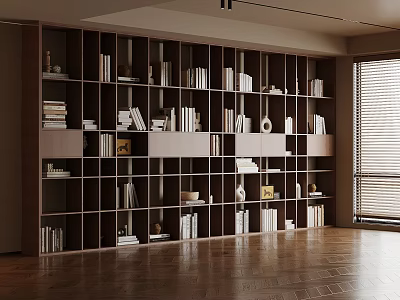 Modern Wooden Bookshelf with Open Shelves Books and Decorative Items in Bright Room 3d model