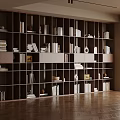 Modern Wooden Bookshelf with Open Shelves Books and Decorative Items in Bright Room