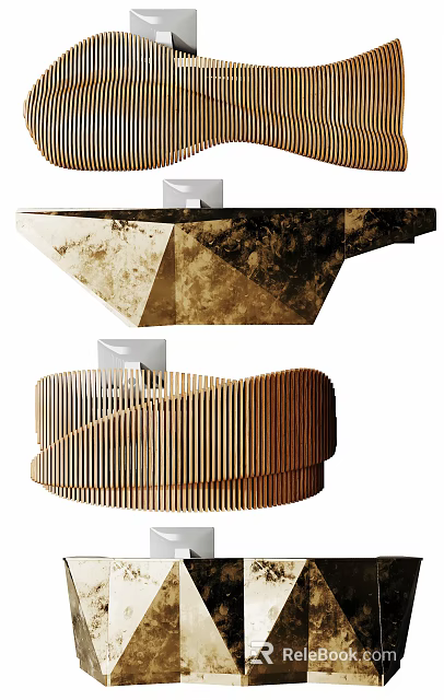 Modern Reception Desk Designs Featuring Geometric Marble And Circular Wooden Slats 3d model 