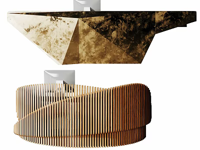 Modern Reception Desk Designs Featuring Geometric Marble And Circular Wooden Slats 3d model