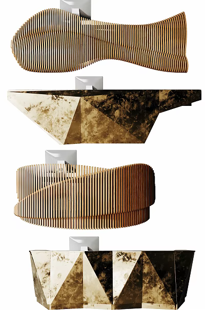 Modern Reception Desk Designs Featuring Geometric Marble And Circular Wooden Slats 3d model