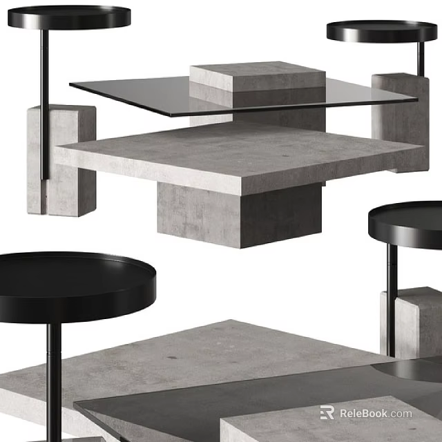 Modern Sofa and Coffee Table Set With Concrete Glass Top And Metal Legs Design 3d model 