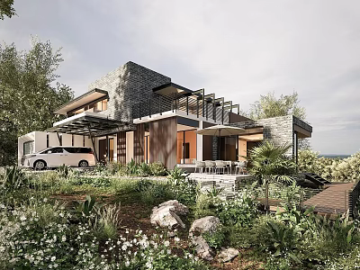 Modern Detached Villa Featuring Stone Facade Lush Greenery And Garden Terrace 3d model