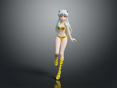 Anime Style Female Character With Cat Ears White Long Hair Yellow Bikini And Yellow Boots 3d model