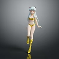 Anime Style Female Character With Cat Ears White Long Hair Yellow Bikini And Yellow Boots