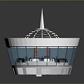 Modern Circular Architectural Structure With White Spire Blue Base And Glass Windows