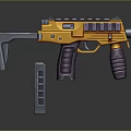 Futuristic Submachine Gun With Yellow Body Purple Grips And Gray Magazine Design