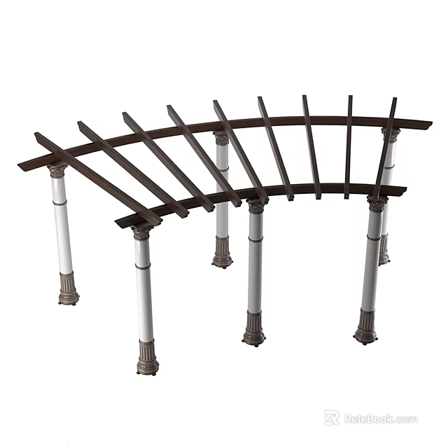 Elegant Pergola With Curved Top Dark Supporting Beams And White Columns Decorative Bases 3d model 