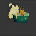 Cartoon Scene Featuring Floating Green Island With Yellow Sand Red House And Palm Tree