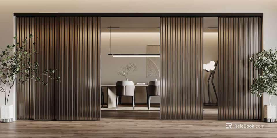 Vertical Striped Metal Sliding Doors Enhancing Modern Interior With Dining Area And Wooden Floor 3d model 