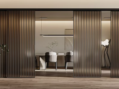 Vertical Striped Metal Sliding Doors Enhancing Modern Interior With Dining Area And Wooden Floor 3d model