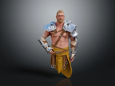Muscular Blonde Male Game Movie Character With Metallic Shoulder Armor And Yellow Waist Cloth 3d model