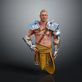 Muscular Blonde Male Game Movie Character With Metallic Shoulder Armor And Yellow Waist Cloth