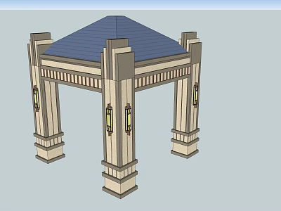 Elegant Classical Pavilion Design With Blue Roof Decorative Columns And Lanterns 3d model