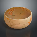 Hand Carved Ceramic Bowl Sculpture With Cracks And Orange Patterns Artwork