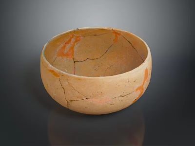 Hand Carved Ceramic Bowl Sculpture With Cracks And Orange Patterns Artwork 3d model