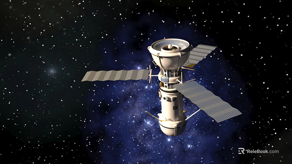 Cartoon Style Satellite With Solar Panels Floating In Starry Space Universe 3d model 