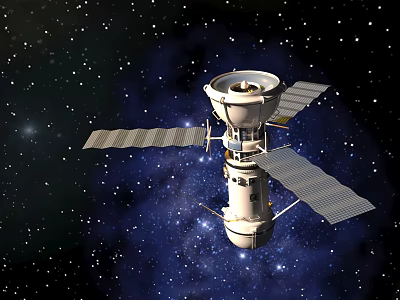 Cartoon Style Satellite With Solar Panels Floating In Starry Space Universe 3d model