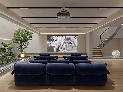 Modern Home Theater Interior With Navy Sofas And Projector Screen 3d model