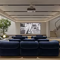 Modern Home Theater Interior With Navy Sofas And Projector Screen