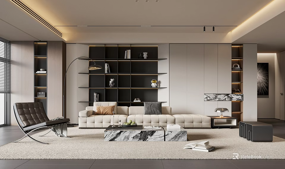 Contemporary Living Room With White Sofa Black Bookshelves And Marble Coffee Table 3d model 