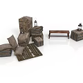 Rustic Wooden Decorative Collection With Crates Lanterns Bench Cushions And Pallets 3d model