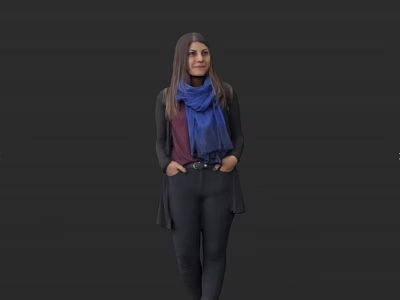 A Woman Wearing Black Coat Purple Top Blue Scarf With Hands In Pockets Dark Background 3d model