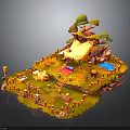 Cartoon Style Island Playground With Yellow Ground Red Fences Mushroom Trees And Water Pond
