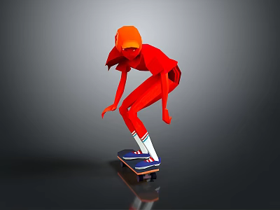 Child In Red Outfit And Orange Hat Riding Skateboard On Gray Background With Reflective Ground 3d model