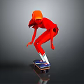 Child In Red Outfit And Orange Hat Riding Skateboard On Gray Background With Reflective Ground