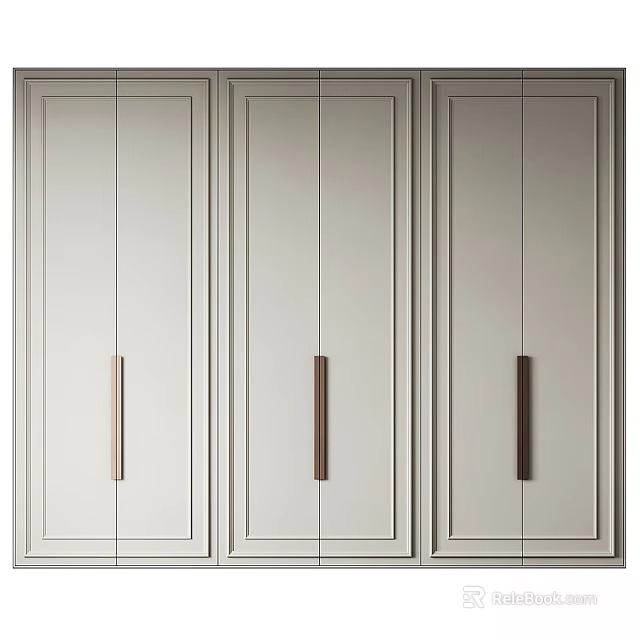 Modern Wardrobe with Light Gray Doors and Long Metal Handles in Minimalist Design 3d model 