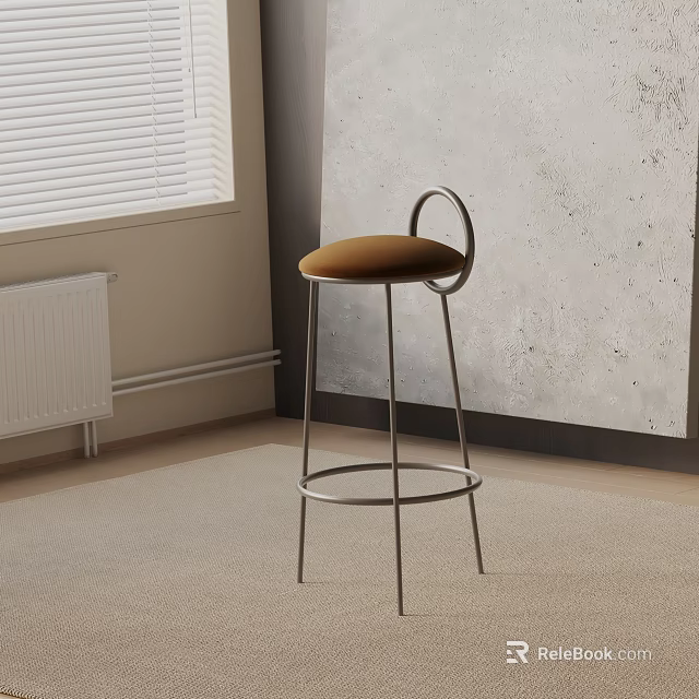 Modern Bar Stool With Metal Frame Brown Cushion In Interior Gray Wall And Window 3d model 