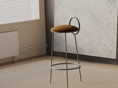 Modern Bar Stool With Metal Frame Brown Cushion In Interior Gray Wall And Window 3d model