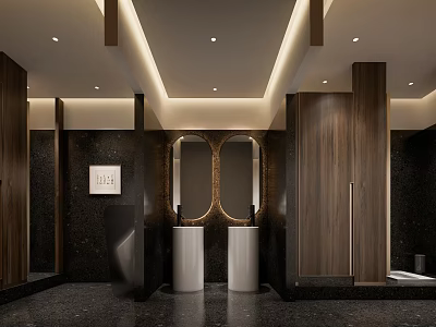 Public Toilet Interior With Modern Design Wooden Partitions Double Sinks And Oval Mirrors 3d model