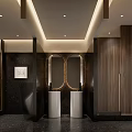 Public Toilet Interior With Modern Design Wooden Partitions Double Sinks And Oval Mirrors