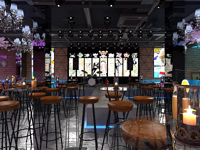 Modern Bar Interior Design With Chandeliers Stained Glass Windows Bar Stools And Stage Lights 3d model