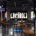 Modern Bar Interior Design With Chandeliers Stained Glass Windows Bar Stools And Stage Lights