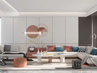 Modern Living Room Interior With L shaped Sofa Colorful Pillows Coffee Table And Wall Art 3d model