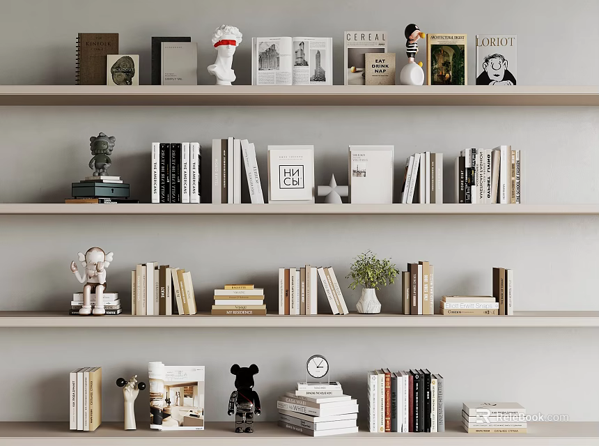 Stylish Bookshelf Display With Various Books Magazines Small Statues Potted Plant And Clock 3d model 